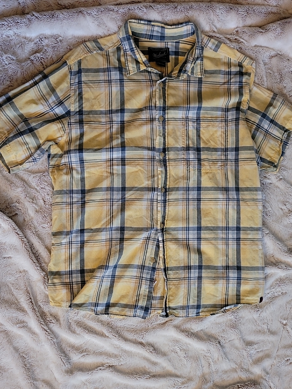 Woolrich Yellow and Navy Plaid Short-Sleeve Button-Down Shirt